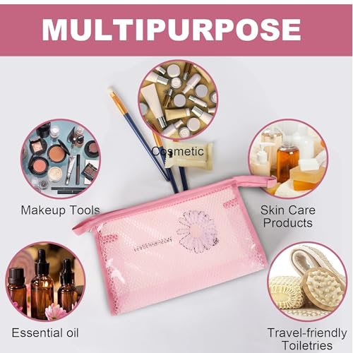 Image of Kuber Industries Toiletry Pouch | Cosmetic Makeup Pouch | Vanity Pouch for Woman | Makeup Accessories Pouch | Transparent Net Pouch | Sunflower-Cosmetic Pouch | Pink