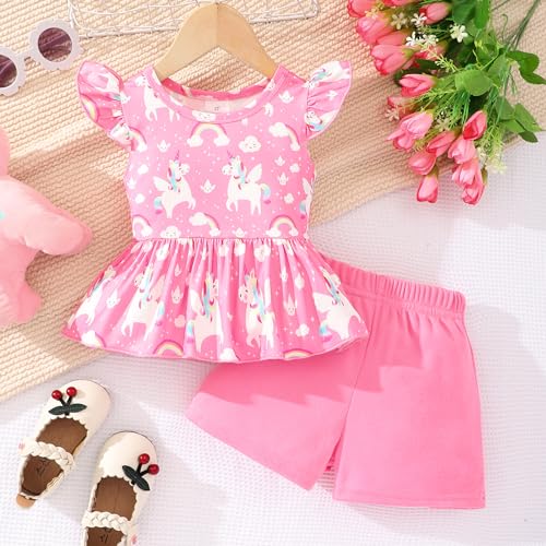 Image of Girls Summer Outfits Toddler Baby Girls Short Sets 2 Piece Clothing Set Flutter Sleeve Shirt and Short 2-7 Years