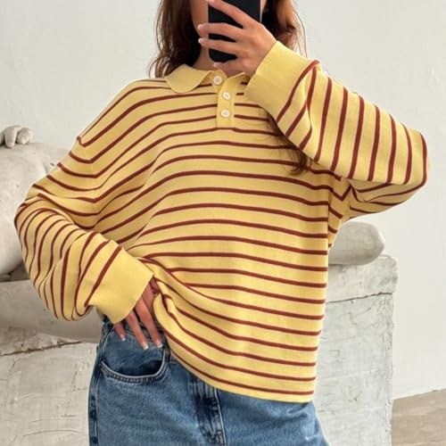 Women’s Striped Polo Sweatshirt Knit Oversized Long Sleeve Button Lapel Collar Classic Knit Sweater Tops2