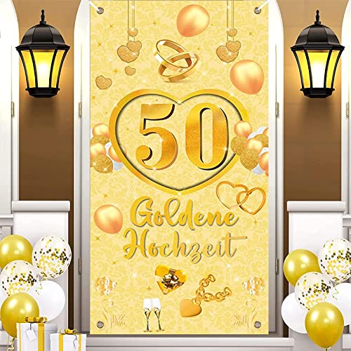 Bannière de 50 ans pour décoration de noces d'or, Bannière de mariage dorée en tissu décoratif, dorée, mariage, 50 ans, décoration de table, mur, intérieur, extérieur, jardin, 90 x 180 cm Cover