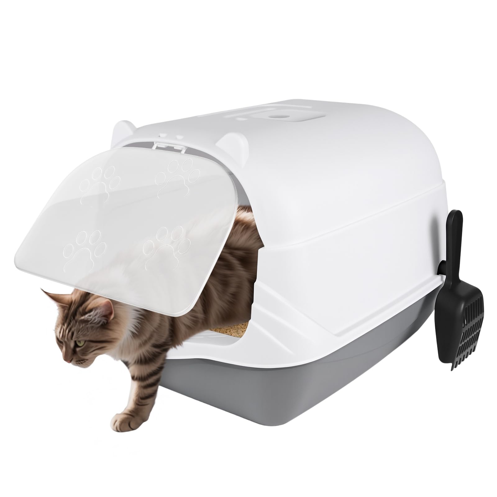 Large Cat Litter Tray with Lid, Scoop, Secure Flap Door, Carry Handle, 51x37x36cm Cat Litter Box Covered, Detachable Rim Easy Cleaning Tray Hooded Toilet, Portable Enclosed Cats Litters Box