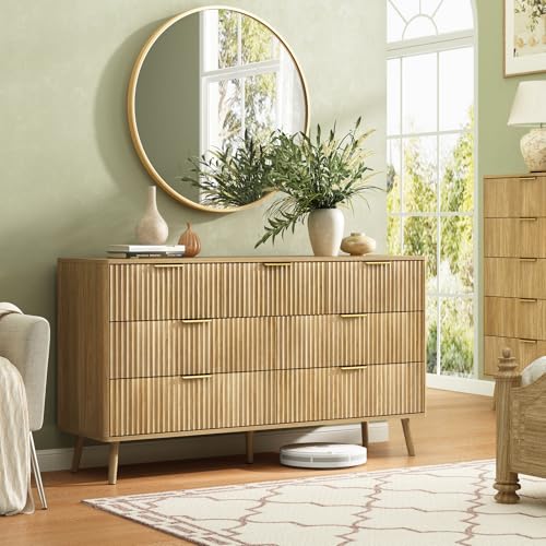 CARPETNAL Fluted 7 Double Drawers Dresser for Bedroom, 55”Wide Modern Chest of Drawers with Deep Drawers,Curved Profile Design, Wood Drawer Organizer for Living Room, Hallway, Natural Oak - Image 3