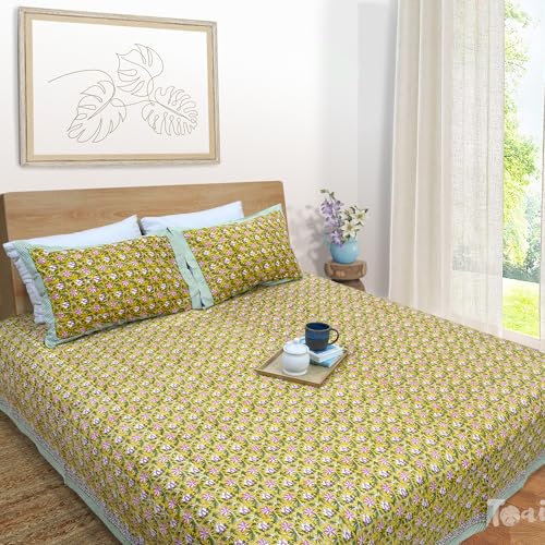 Image of TOAI Hand Block Printed Bedsheet | Bed Spread Flatsheet Bed Sheet | Pure Cotton | King Size 108 inchx108 inch | 300 TC Long Staple Cotton | 2 Reversible Pillow Covers |Pink Floral Pond