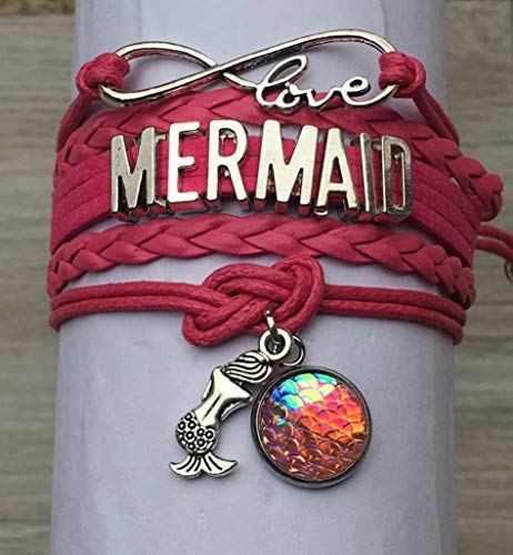 Image of Mermaid Bracelet, Pink Braided Infinity Mermaid Jewelry with Tail Charm and Scale Medallion- Cute Mermaid Bracelet Gift