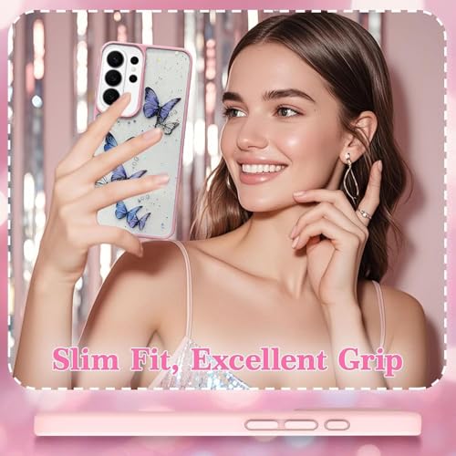 Image of VONZEE for Samsung Galaxy S26 Ultra Clear Glitter Butterfly Case, Cute Bling Sparkle Shiny Soft Silicone TPU Bumper Shockproof Women Girls Slim Protective Phone Cover, Pink