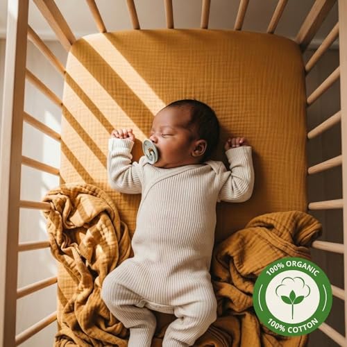 Image of Crib Sheets - Organic Cotton Muslin Fitted Crib Sheet - Standard Size for Baby Boy and Baby Girl 28 inch x 52 inch Ultra-Soft and Breathable. (Autumn Yellow)