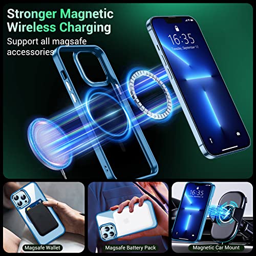 Temdan Strong Magnetic Case For Iphone 13 Pro Max Case Clear,[Anti-Yellowing] 2X[Tempered Glass Screen Protector+Camera Lens Protector] Shockproof Slim Fit Bumper Phone Case-Blue/Clear #TOP2