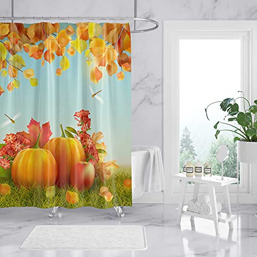 Emvency Fabric Shower Curtain Curtain With Hooks Colorful Fall Autumn Thanksgiving With Harvest Pumpkins Fallen Leaves Tree Branches Dragonfly Field Scene 60"X72" Waterproof Decorative Bathroom #TOP2
