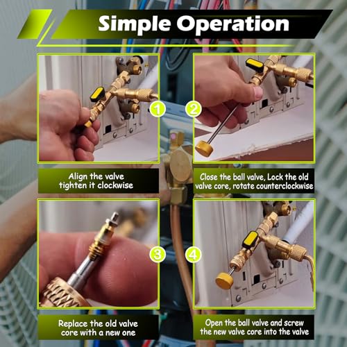 Image of Valve Core Remover Installer Tool with Dual Size SAE 1 /4 inch & 5 /16 inch Port Brass Adapter Compatible with R22 R12 R407 R410 R404 R32 R600 home refrigeration equipment