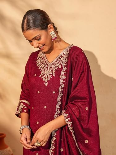 Image of Naixa Women's Vichitra Silk Embroidered A-Line Kurta with Pant and Dupatta Sets (NX-845)