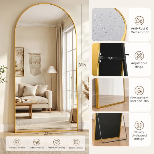 Image of Full Length Mirror, 41 inchx81 inch Arched Floor Mirror Freestanding, Floor Standing Full Body Mirror with Stand for Bedroom, Hanging Mounted for Living Room Cloakroom, Gold