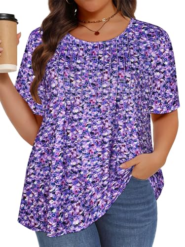 Image of Plus Size Tops for Women Pleated Summer Top Trendy Short Sleeve Shirts Casual Basic Tee Crew Neck Blouses 2026