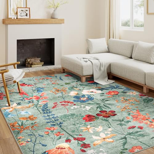 HUGEAR Alfombra para Sala Verde Antideslizante Lavables en Lavadora Tapetes Habitacion Comedor Cocina Exterior Moderno Flor Grande Pelo Corto Tapete 160x230cm