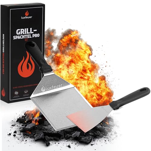 Luxfeuer Grillspachtel 2er Set Profi Edelstahl [TESTSIEGER 95/100] - XL Burger Spachtel für Smash Burger Plancha & Teppanyaki + 20x Anti-Haft Papier Grillgeschenk