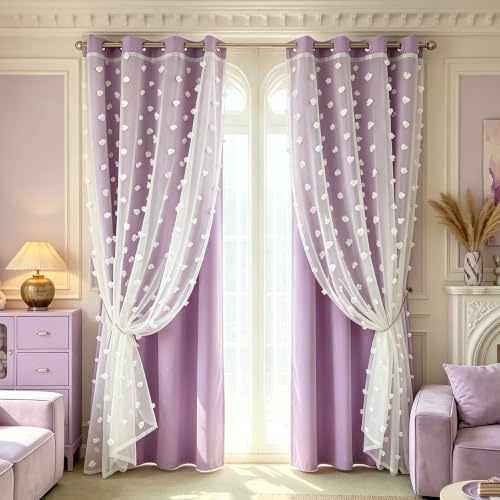 Image of Purple Room Darkening Curtains for Girls Nursery Bedroom 52x63 in | 80% Blackout Double Layer Curtains with Pom Pom Sheer Overlay, Grommet Privacy Drapes for Toddler Bedroom Decor, 2 Panels