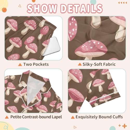 senya Grey Mushroom Satin Summer Pajama Sets Silk Short Sleeve Button Down Sleepwear3