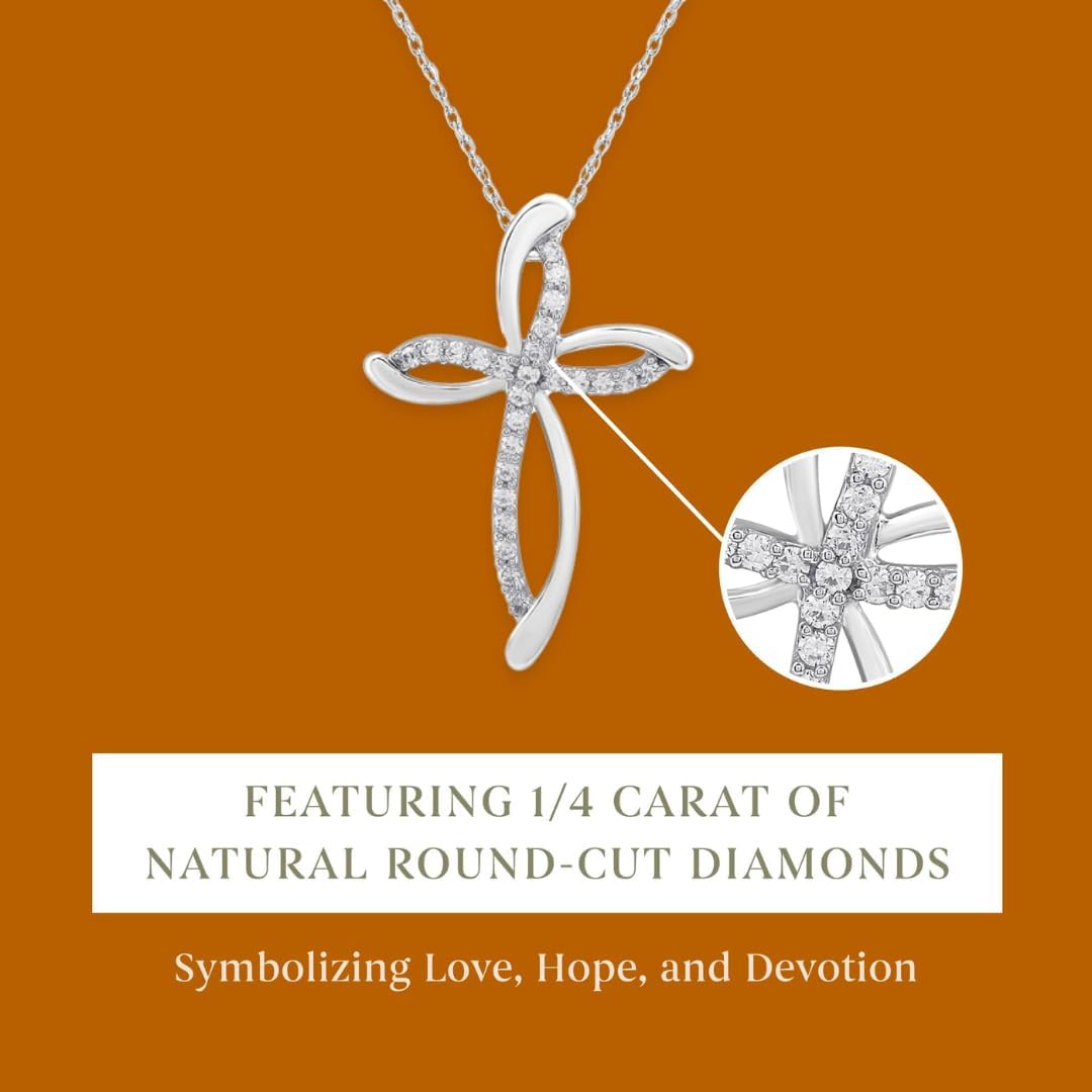 GILDED 10K White Gold Necklace for Women with Natural Round-Cut Diamond and Swirl Cross Pendant-Necklace, 18" Rope Chain, 925 Sterling Silver Necklace and 18" Cable Chain, 1/4 Carat Total Weight Diamonds & Elegant Gift Box Included - Image 5