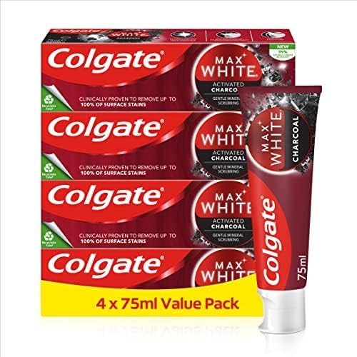 Colgate Max White Activated Charcoal Toothpaste 75ml(4pack) teeth whitening toothpaste, clinically proven formula, removes up to 100% of surface stains, activated charcoal and mineral micro-particles