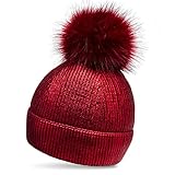 Caspar Fashion Caspar MU192 Damen Metallic Glitzer Bommelmütze gefüttert mit XL Bommel, Größe:One Size, Farbe:rot metallic