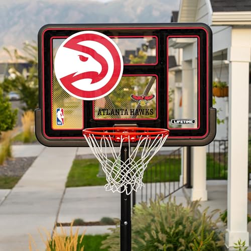Image of Lifetime NBA Atlanta Hawks Portable Basketball Hoop, Adjustable Height 7.5-10 Ft, 44 Inch Shatterproof Fusion Backboard, Base with Wheels