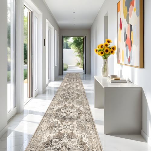 YOUFORTONG 3x20 Long Runners for Hallways: Soft Kitchen Rug Non Slip Rug Runner with Rubber Backing for Bathroom Washable Non Shedding Farmhouse Runner Rug (Beige, 3X20)