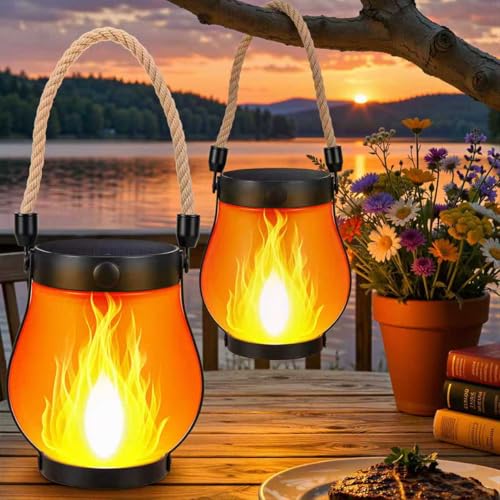 2 Pack Solar Flame Lantern Lights — Flickering Flame Hanging Lanterns Outdoor, Waterproof Garden Lights with 2 Modes Dual Charging USB & Solar Yard, Patio Decor