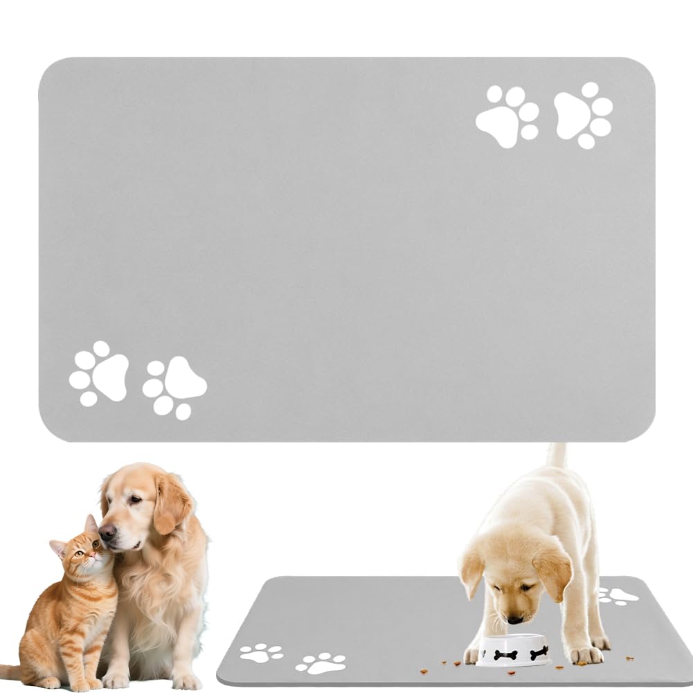 Tapis d'alimentation pour animaux de compagnie, 43 x 80 cm, tapis de gamelle pour chat et chien, tapis de nourriture antidérapant, séchage rapide, facile à nettoyer (gris)