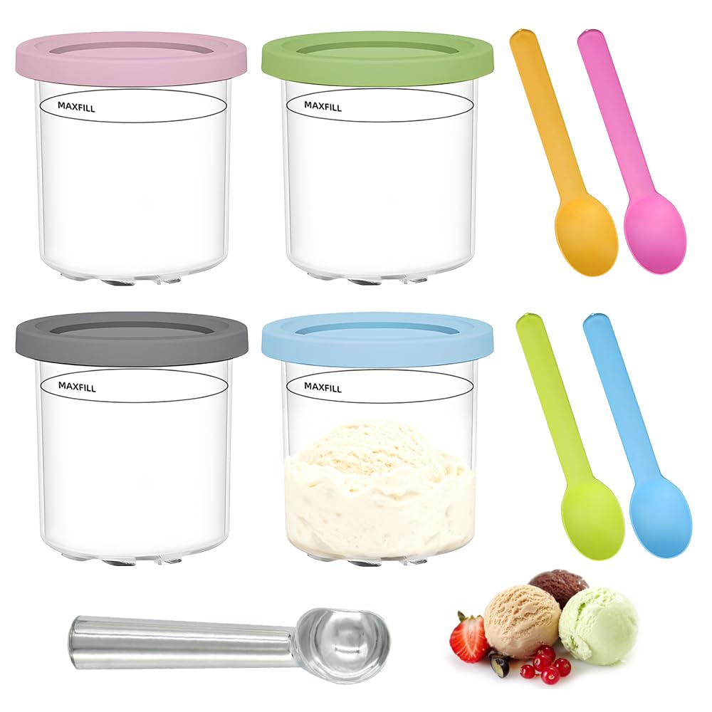 4 PCS Contenitori per Gelato per Ninja Creami 450 ML,Tazza per Gelato con Cucchiaio e 4 Cucchiaini di Plastica,Vaschetta Gelato per Macchina Gelato per Gelatiera Ninja NC299AMZ, C300s - 4 colori