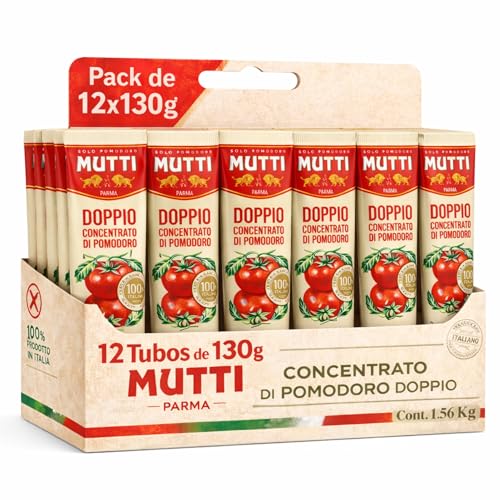 Concentrado de tomate doble Mutti, Pasta de Tomate Doble Concentrada, Hecho de pomodoro 99,5%, sal, Sin Gluten, Sin Lactosa, Producto Italiano, Contiene 12 tubos de 130 gr