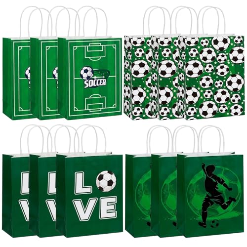 HOMAVEL 12Pcs Green Football Gift Bag 15x8x21cm Football Party Paper Bags - Pitch Gift Bags 4 Designs - Sturdy Treat Bags with Handles for World Cup Birthday Sports Event & Match Day Party Favours