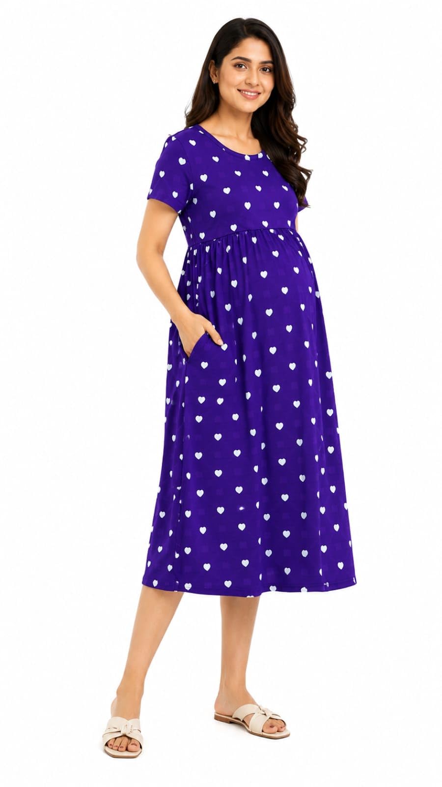 Fabtot Maternity Midi Dress, Purple Heart Print, Short Sleeve with Pockets-image-32
