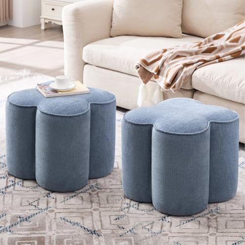 Image of Zesthouse Flower Pouf Ottoman Foot Rest Set of 2, Linen Fabric Poofy Ottoman Footstool for Couch, Modern Living Room Stool for Under Entry Table, Cute Square Vanity Stool for Bedroom Dorm, Blue