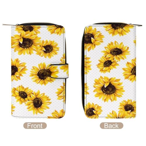 Nugier Women Soft PU Leather Wallet, Zipper Card Case Clutch Credit Bills Money Crash Coin 7.8x4.3x1.4 in Holder Purse Print Seamless Sunflowers on Polka Dots4