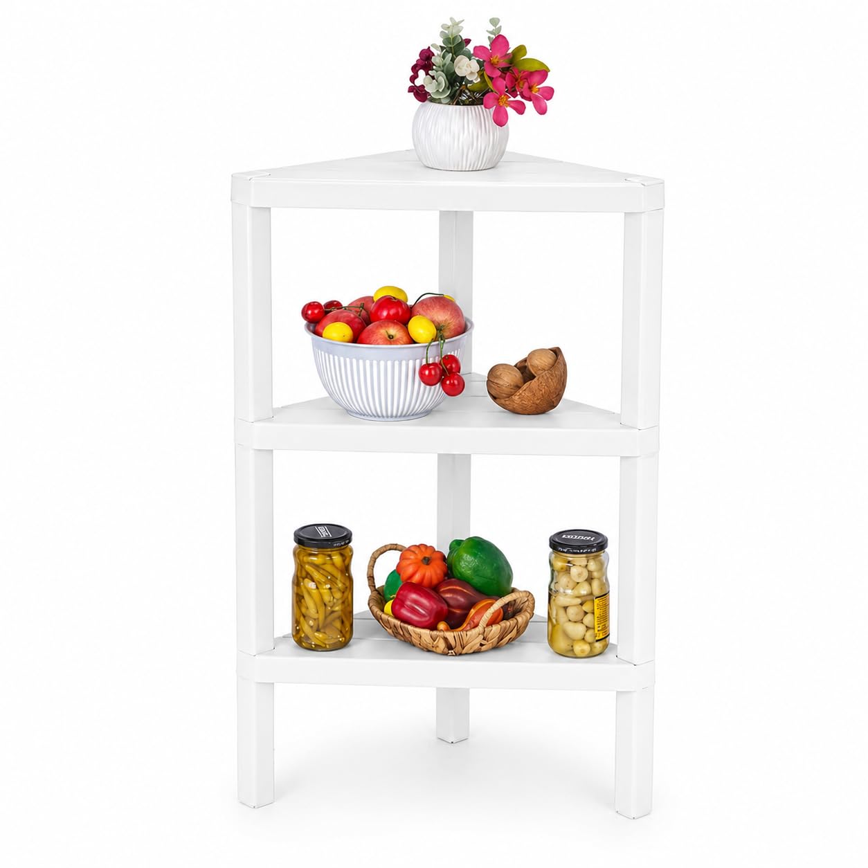 DIVCHI 3 Tier Corner Shelf Triangle Space-Saving Freestanding Shelving Unit | Storage Shelves | Display Rack | Bookcase | Kitchen Stand | Living Room Organiser | Bedroom Bookshelf (White)