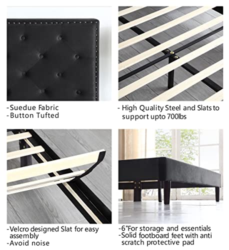 Queen Upholstered Platform Bed Frame With 48" Tall Adjustable Headboard - Button Tufted Suede Velour Bed- Wood Slat Support With Storage Space- No Box Spring Needed- Black - Oliver & Smith - Princeton #TOP5