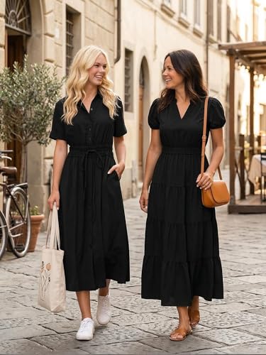 Image of ECOWISH Summer Maxi Dress for Women Casual Flowy V Neck Short Sleeve A Line Empire Waist Tiered Long Dresses with Pockets