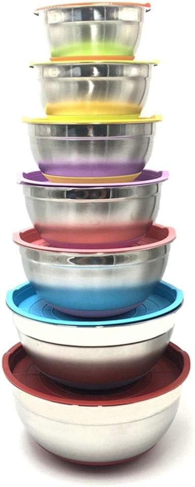 7 Colors Stainless Steel Mixing Bowl With Lid Home Kitchen Egg Mixer Salad Bowls Non-slip Silicone Bottom Food Storage Bowl Set (Color : D) (Stainless Steel)