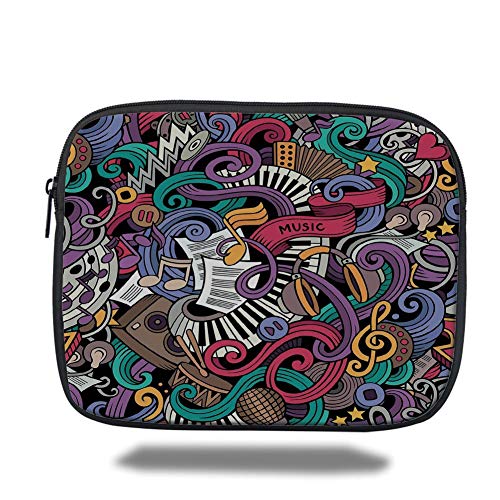Juzijiang Tablet Bag for iPad Air 2/3/4/mini 9.7 Inch，Doodle,Music Themed Hand Drawn Abstract Instruments Microphone Drums Keyboard Stradivarius, 3D Print