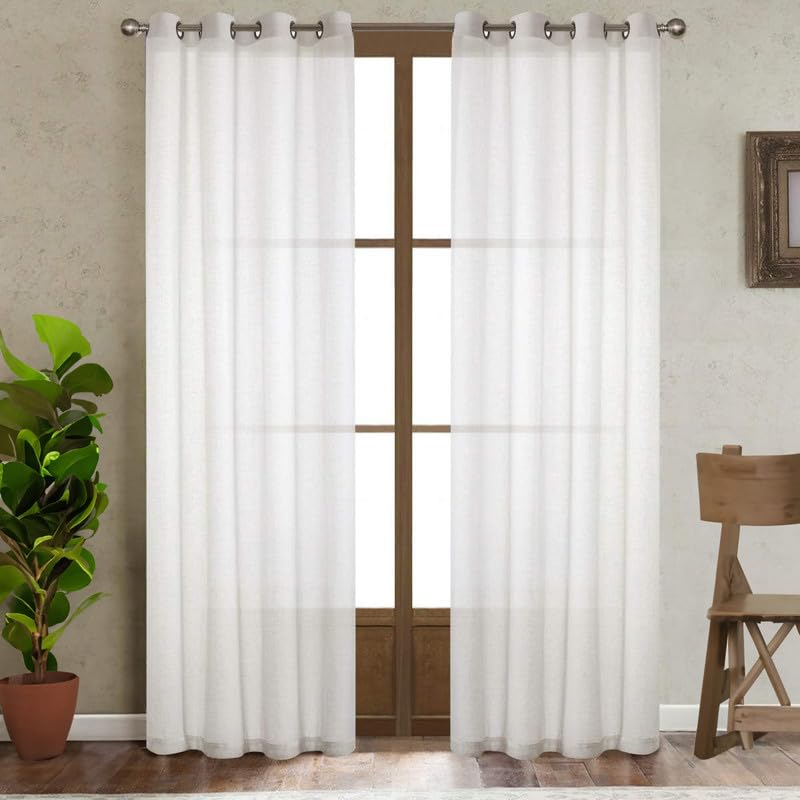 Fabric Nation Elegant Natural Linen Textured Semi Sheer Curtains - Bronze Steel Grommets for Living Room - Bedroom 1 Piece 200W x 270L CM, Offwhite)