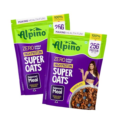 Image of ALPINO 25% High Protein Super Oats Chocolate 2kg (1kg, Pack of 2) - Rolled Oats, Natural Peanut Butter, Cocoa Powder, Nuts & Seeds - 25g Protein, Source of Dietary Fibre & Healthy Fats, No Added Sugar & Salt