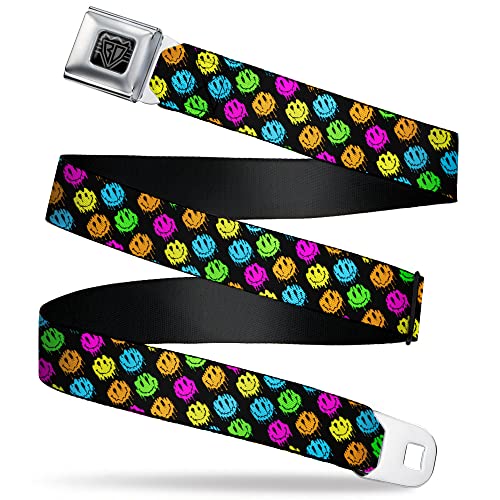 Buckle-Down Belt, Seatbelt Buckle Belt, Smiley Faces Melted Mini Repeat Angle Black Multi Neon, 24 to 38 Inches