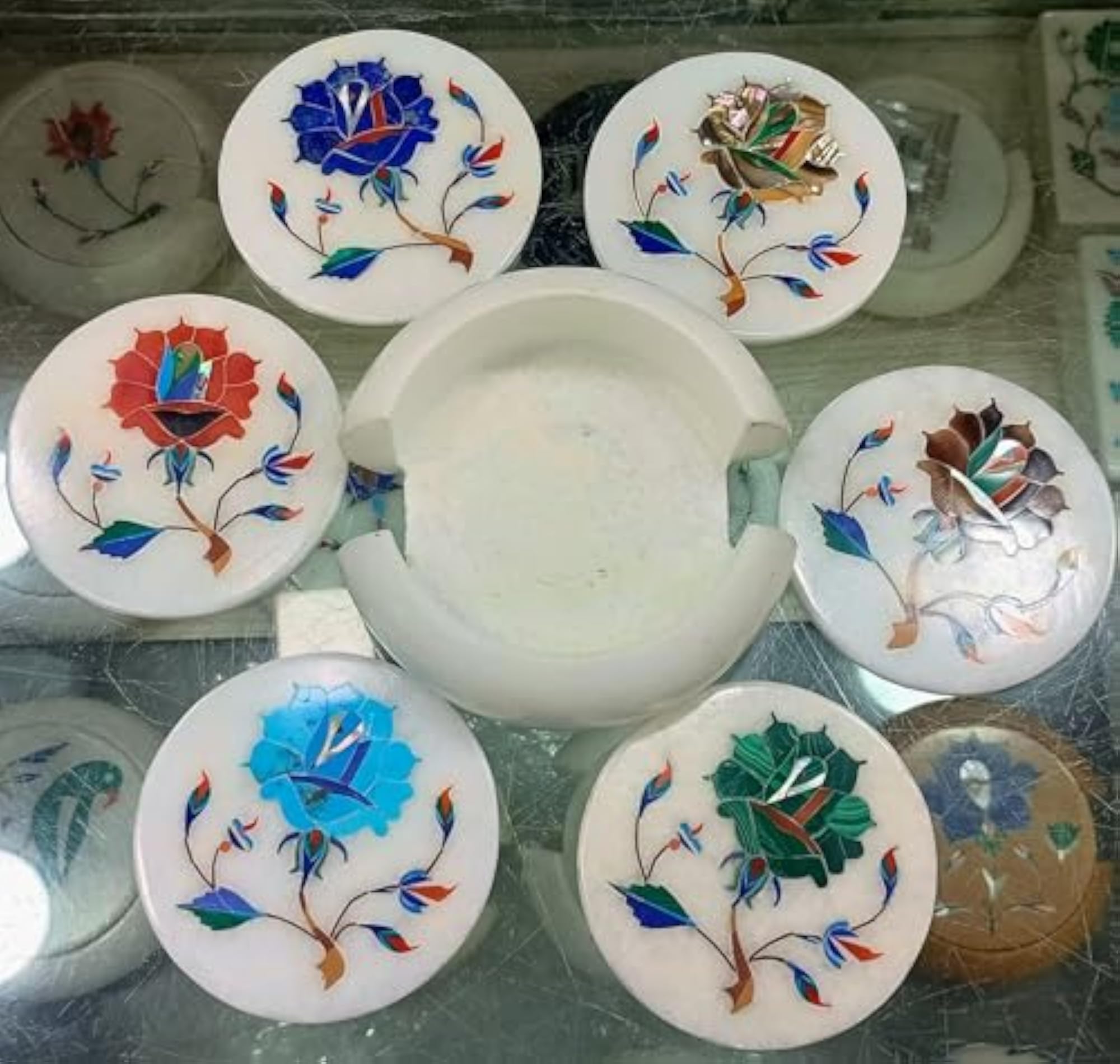 Qadri Handicrafts Handcrafted Marble Coaster Set with Inlay Work