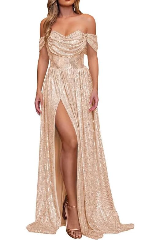 Off Shoulder Sequin Prom Dress Mermaid Long Ball Gown with Slit V Neck A Line Formal Evening Party Gowns