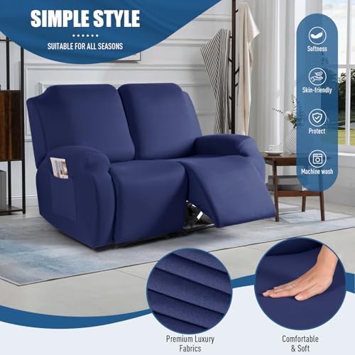 Image of TAOCOCO Stretch Recliner Loveseat Cover 2 Pieces Couch Covers for 2 Seat Reclining Sofa, Soft Polyester Fabric Washable Furniture Protector Loveseat Couch Cover with Pockets (2 Seat, Dark Blue)