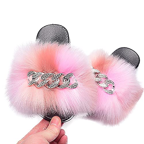Girls Faux Fur Fluffy Slides Sparkle Rhinestone Furry Slippers Colorful Sandals3