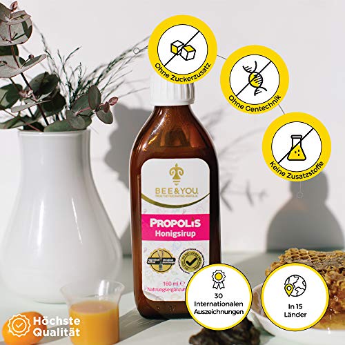 BEE&YOU Propolis Honigsirup, für Kinder mit Vitamin-C, Nahrungsergänzungsmittel für Kinder, 100% natürlich und ohne Zusatzstoffe, 33 internat. Auszeichnungen, 12 Zertifikate, Glutenfrei, ohne Zucker – Bild 8