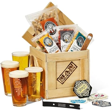 Man Crates, Personalized Barware Crate – Includes 4 Laser-Etched Pint Glasses, Personalized Wood and Steel Bottle Opener, Letterpress Styles of Beer Coasters Cover