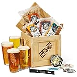Man Crates, Personalized Barware Crate – Includes 4 Laser-Etched Pint Glasses, Personalized Wood and Steel Bottle Opener, Letterpress Styles of Beer Coasters