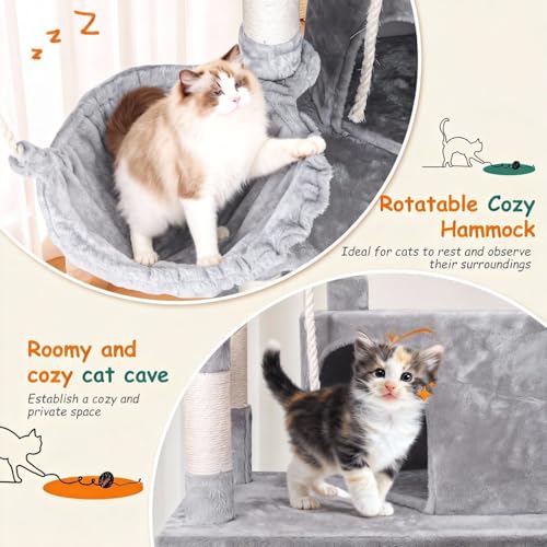 Nobleza Rascador para Gatos Grande 148cm, Arbol Rascador para Gatos con 9 Postes de Sisal, 2 Nidos, Hamaca y Pompón, Gris - imagen 4
