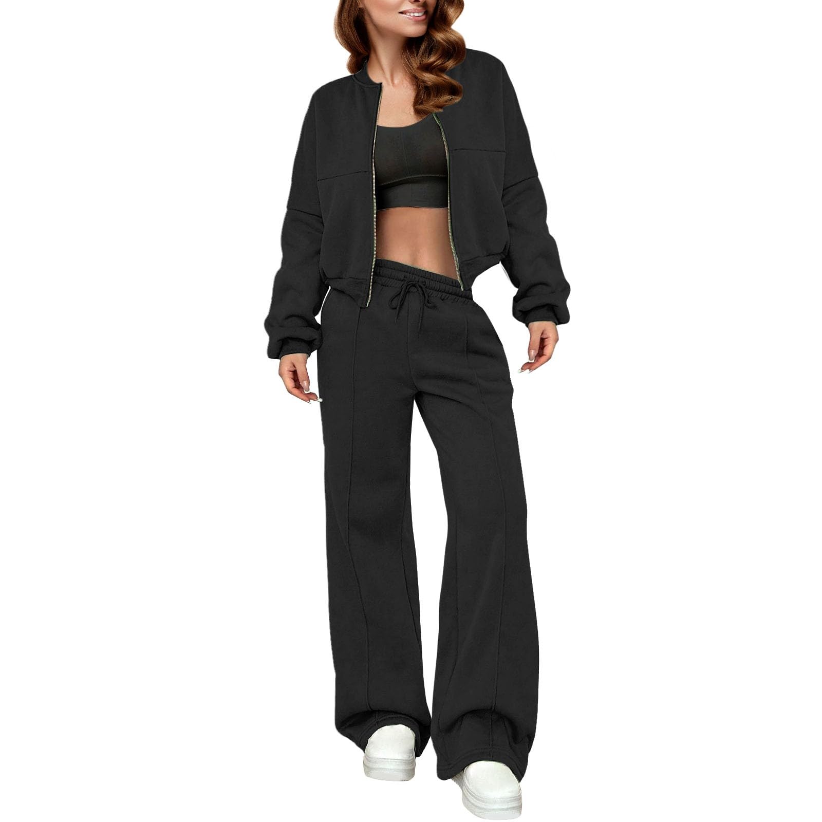 Tuta sportiva da donna con cerniera, stile casual, alla moda | Tuta da palestra a maniche lunghe, giacca bomber corta e pantaloni larghi, due pezzi, tuta sportiva per l'autunno
